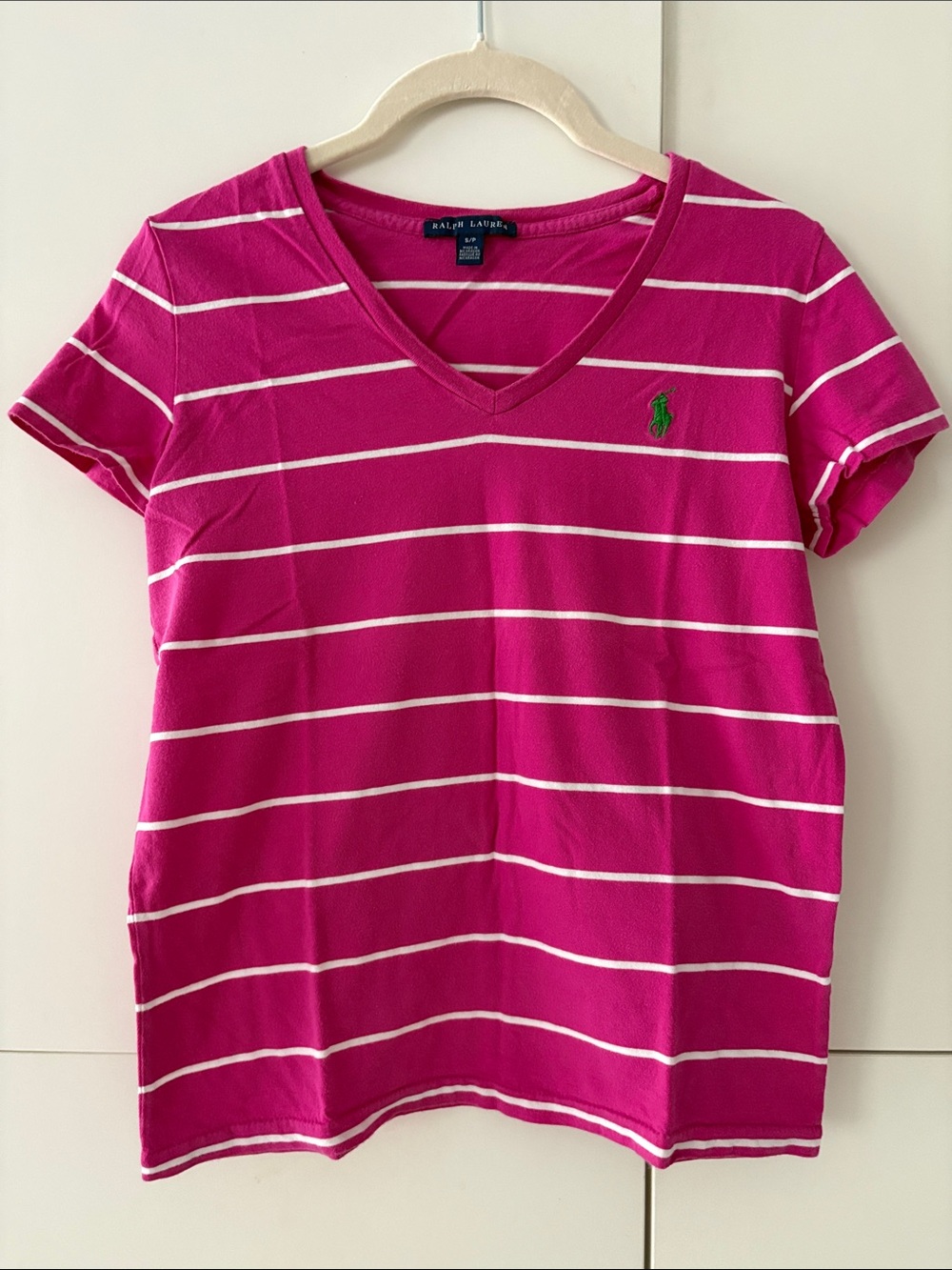 Ralph Lauren Fuchsia & White Striped V-Neck Tee